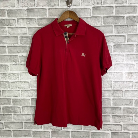 Burberry Brit Classic Red Embroidered Logo Plaid Trim Collared Polo Shirt Men XL - Picture 2 of 10